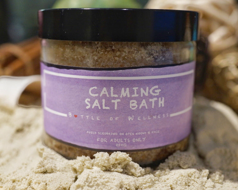 DISCONTINUED: Calming Salt Bath (250ml) - Bottle of Wellness | HOMEMADE & NATURAL WELLNESS IN A BOTTLE. NO NASTIES!